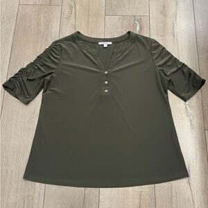 Perceptions Concept Dark Olive Green Ruched Sleeve Henley Blouse - Size XL